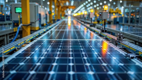 Industrial manufacturing of solar panels on an automated production line with robotic machinery and quality control systems in a brightly lit factory environment. © VITALII