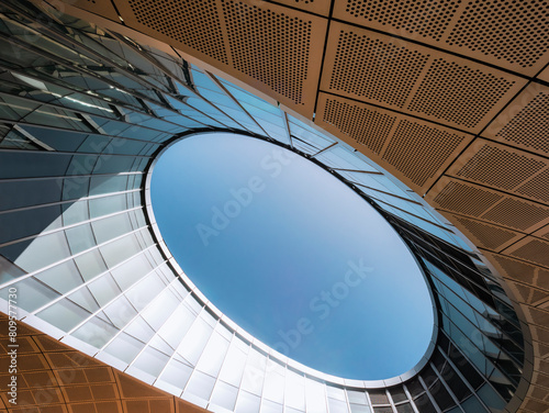 Modern building Futuristic Circle void Steel panel glass wall curve Architecture details  photo