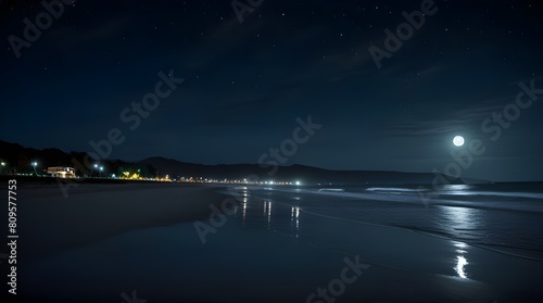huge stones on the sandy beach at night. wonderful velvet season vacation on the black sea in full moon light. calm waves washing the shore. clouds on the dark blue sky above horizon.generative.ai