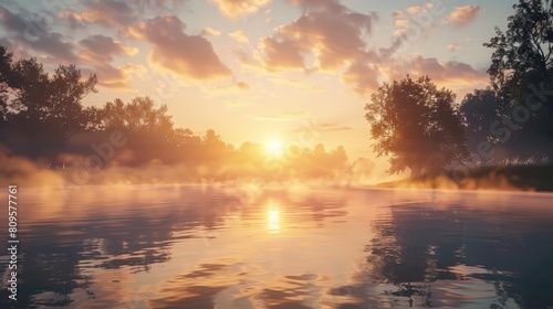 sunrise over a tranquil lake with mist rising from the water, framed by tall green trees and a clear blue sky