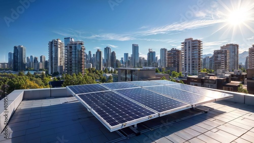 Striking aerial view of a solar panel installation on a city rooftop with modern highrises in the background under a bright sunny sky. photo