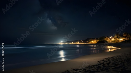 huge stones on the sandy beach at night. wonderful velvet season vacation on the black sea in full moon light. calm waves washing the shore. clouds on the dark blue sky above horizon.generative.ai
