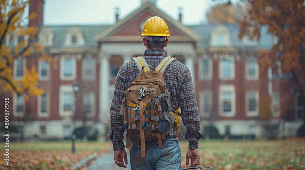 A man wearing a yellow helmet and a brown backpack walks past a brick building