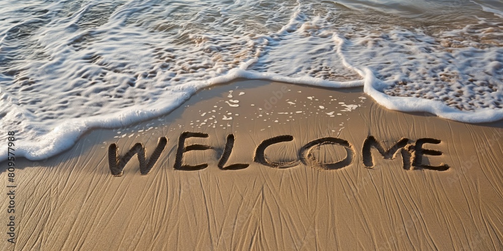 Fototapeta premium An inviting image with the word 'WELCOME' inscribed on sandy beach as gentle waves wash up on the shore