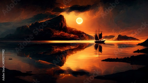 Amazing fantastic sunset. Fantastic illustration.
