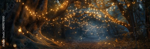 A magical pathway through an old forest is enchantingly lit by numerous fairy lights strewn across the trees photo