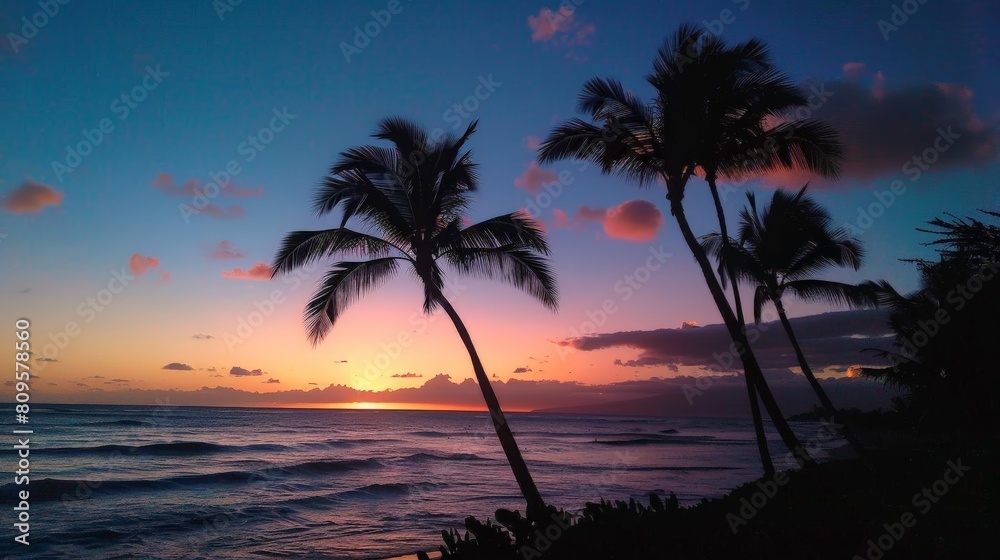 sunset silhouette of palm trees on a tropical beach, with a blue sky and small waves in the background sunset silhouette of palm trees on a tropical beach, with a blue sky and small waves in the background