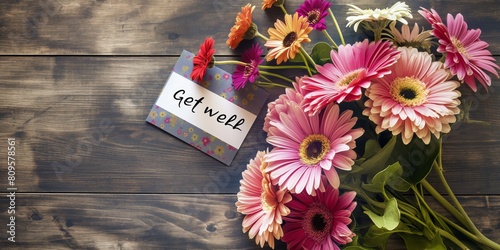 A heartfelt get well soon card surrounded by an array of colorful gerbera daisies on a wooden background photo