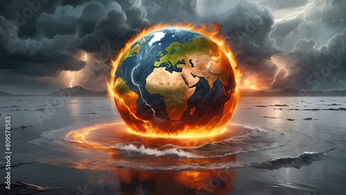 A burning fiery globe of the Earth surrounded by stormy clouds and lightning on the sea