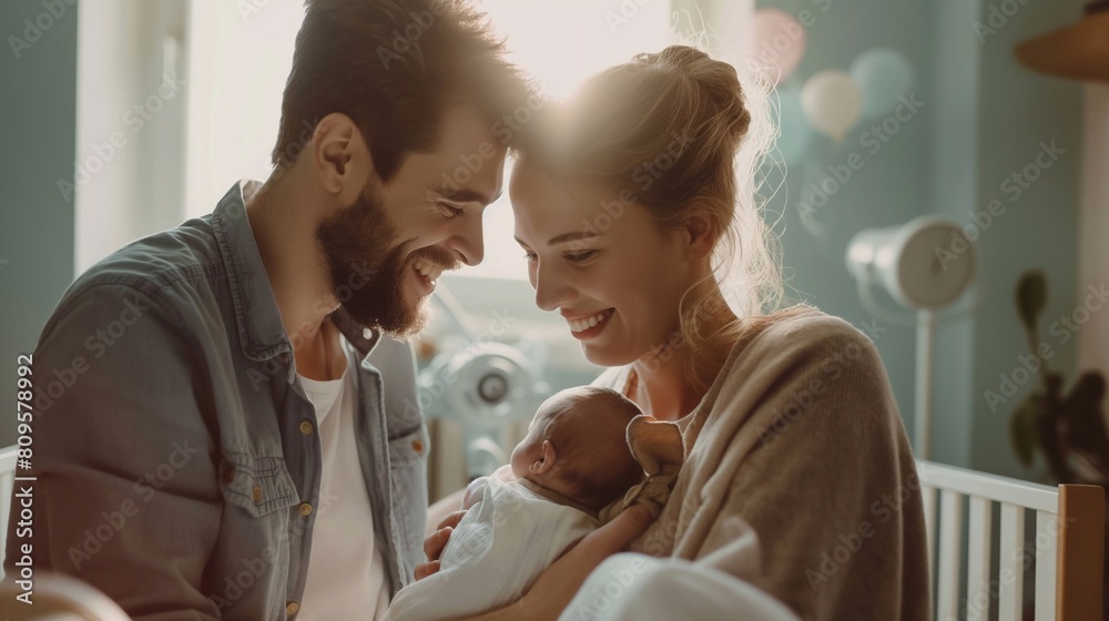 A happy couple hugs their newborn little baby at home, the woman and man became parents. Miracle Unveiled: A family Holding Their child, Reveling in the Miracle of Life A happy couple hugs their newborn little baby at home, the woman and man became parents. Miracle Unveiled: A family Holding Their child, Reveling in the Miracle of Life
