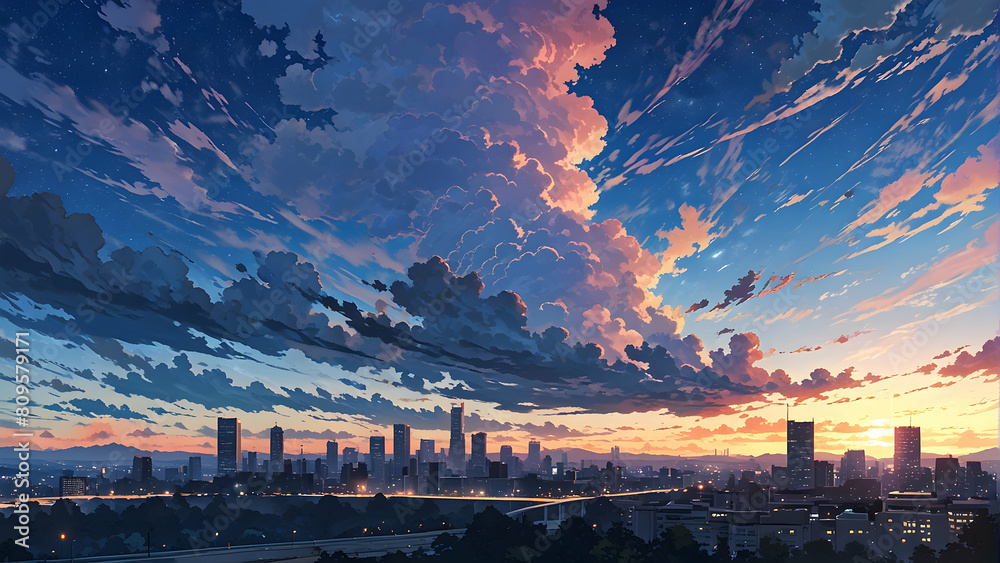 Obraz premium A beautiful view of skyline city with skyscraper office buildings. Anime cartoonish style. Wallpaper background