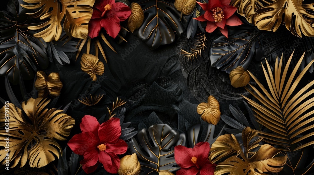 An elegant botanical frame design with gold tropic jungle palm leaves, exotic red flowers, and a black background Beautiful botanical frame design on a dark background Wedding invitation card, sale An elegant botanical frame design with gold tropic jungle palm leaves, exotic red flowers, and a black background Beautiful botanical frame design on a dark background Wedding invitation card, sale