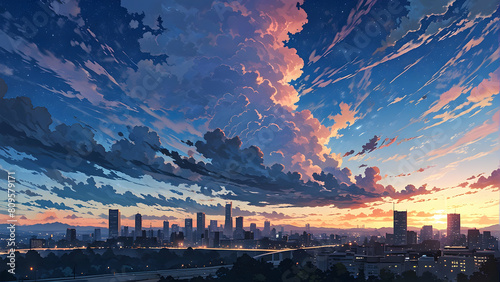 cartoon illustration of skyline with beautiful sky photo