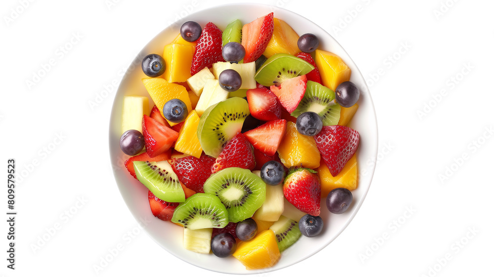 Colorful fruit salad with strawberries, blueberries, kiwi, and mango in a white bowl.transparent background. Colorful fruit salad with strawberries, blueberries, kiwi, and mango in a white bowl.transparent background.
