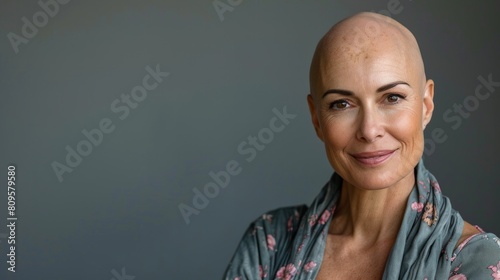 Bald woman close-up studio portrait. Health problem  cancer and alopecia