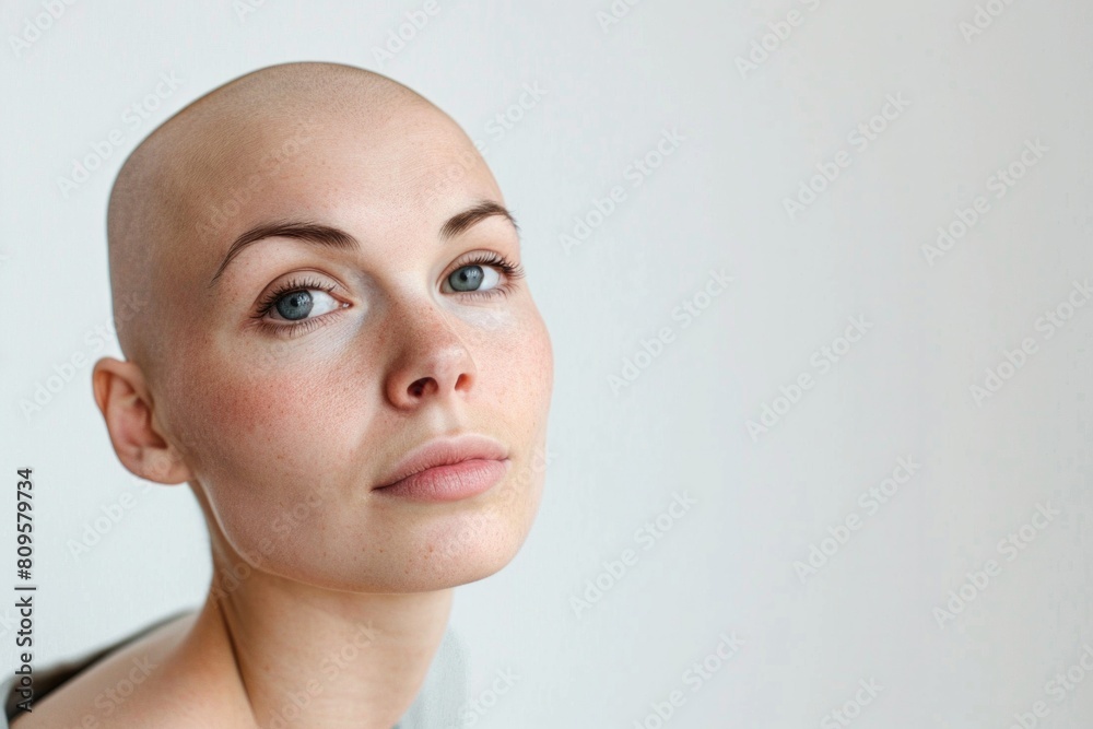 Bald woman close-up studio portrait. Health problem, cancer and alopecia Bald woman close-up studio portrait. Health problem, cancer and alopecia