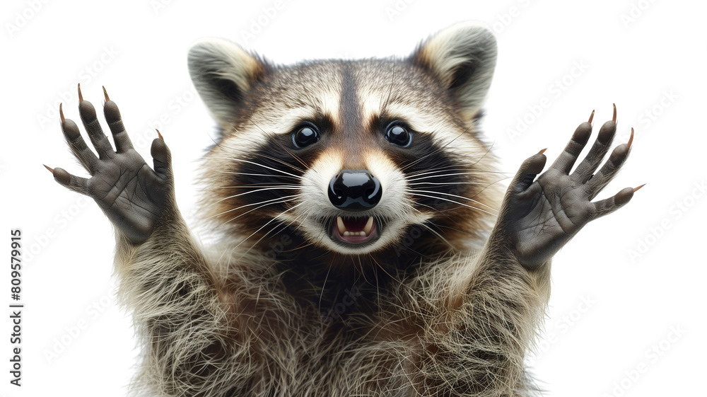 This is a photo of a raccoon with its paws in the air.transparent background.