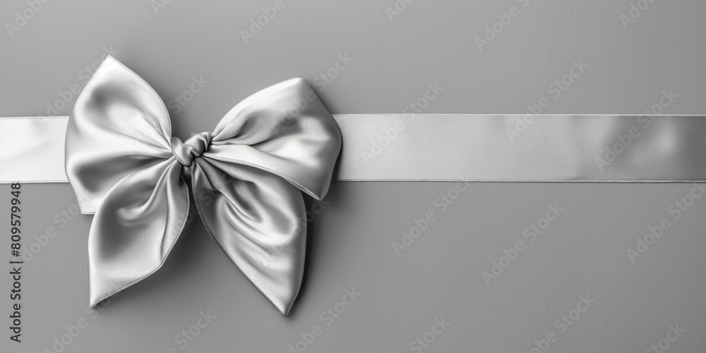A sophisticated silver satin bow elegantly tied on a smooth grey background, representing luxury and celebration