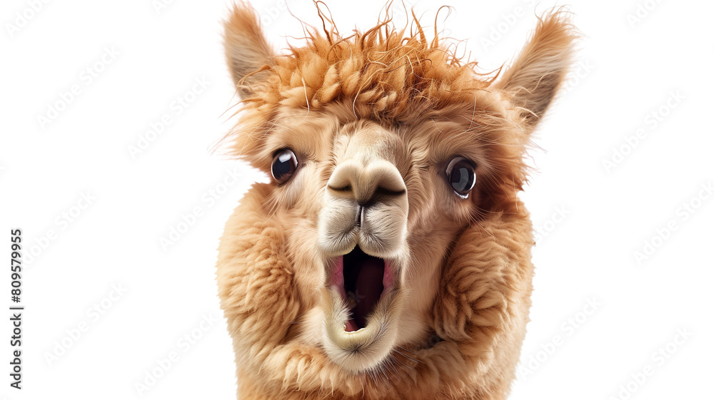 This image shows a surprised llama with its mouth wide open. It has brown fur and is looking at the camera with big eyes.transparent background. This image shows a surprised llama with its mouth wide open. It has brown fur and is looking at the camera with big eyes.transparent background.