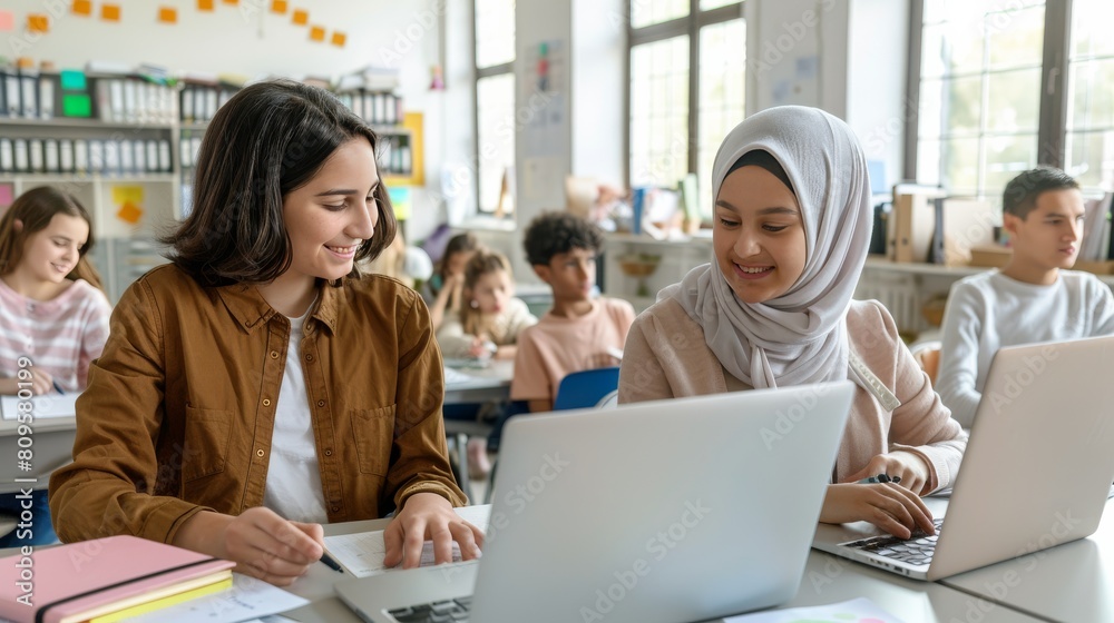 Two girls are sitting at a table in a classroom Two girls are sitting at a table in a classroom