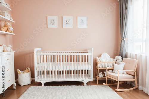 Interior of nursery room with baby crib and cradle