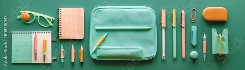 The pencil case is made of beige, with different school stationery and notebooks on top of a green background