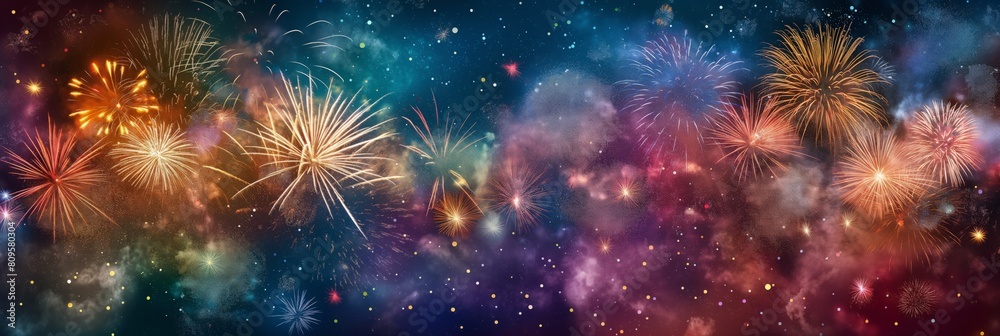 Naklejka premium Panoramic image of a grand and vibrant fireworks display against a dark starry night sky