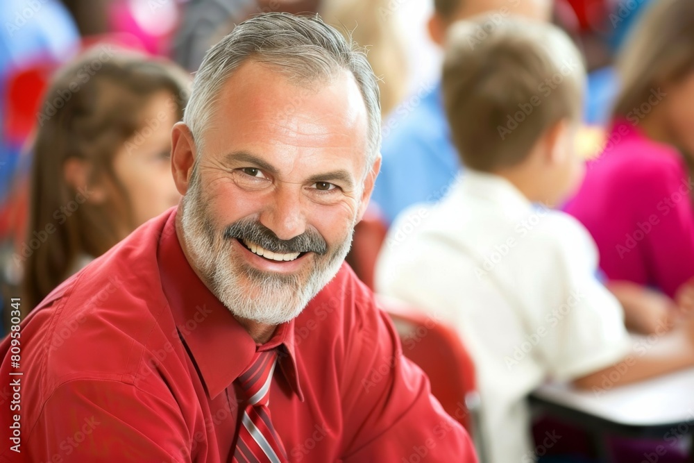 A man in a red shirt and tie is smiling at the camera A man in a red shirt and tie is smiling at the camera