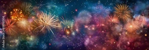 Panoramic image of a grand and vibrant fireworks display against a dark starry night sky