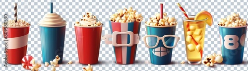 The movie time and cinema popcorn icon set for entertainment theater with 3D glasses is isolated on a transparent png background. photo