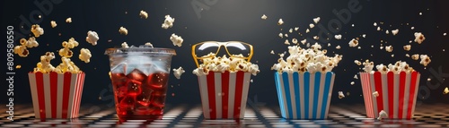 Icon set of movie time, cinema popcorn, and cold soft drinks for entertainment theater with 3D glasses on transparent png background photo