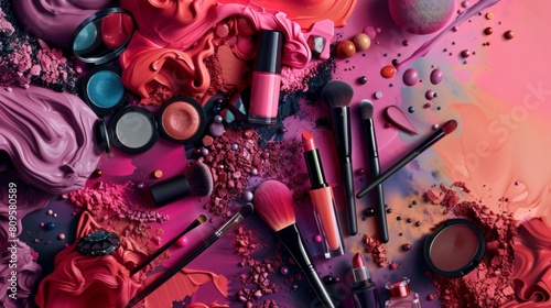 A dynamic banner featuring an assortment of makeup products.