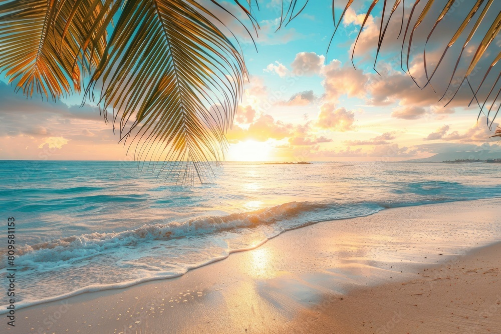 Perfect beach sunset. Beautiful tropical beach scene for background or wallpaper. Summer vacation holiday concept design and copy space with generative ai Perfect beach sunset. Beautiful tropical beach scene for background or wallpaper. Summer vacation holiday concept design and copy space with generative ai