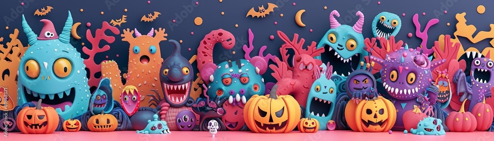 A group of colorful and spooky monsters are having a party in a graveyard A group of colorful and spooky monsters are having a party in a graveyard