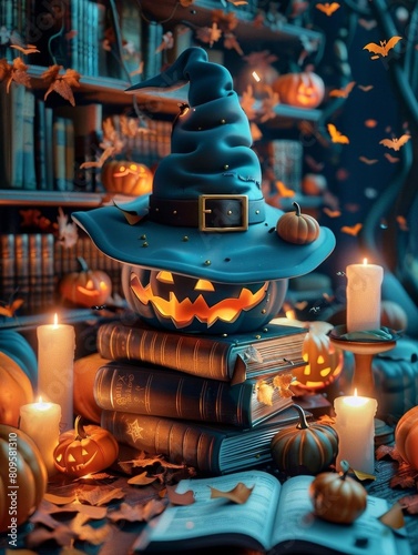 A wizard hat sits on a stack of books in a library
