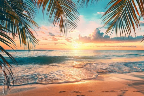 Perfect beach sunset. Beautiful tropical beach scene for background or wallpaper. Summer vacation holiday concept design and copy space with generative ai