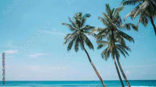 tropical island paradise with tall palm trees under a clear blue sky and white clouds