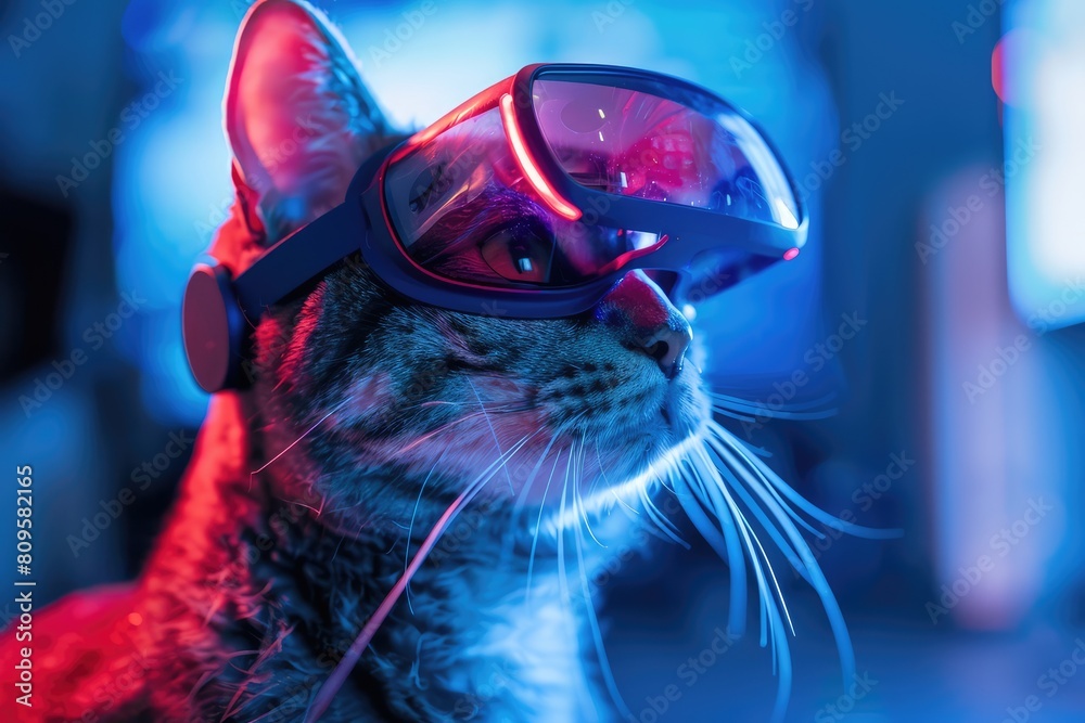Cat in Virtual Reality Glasses, Cat Using a Virtual Reality Headset, Vr Futuristic Technology