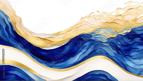 Gold and navy blue waves abstract luxury background for copy space text. Golden colors curves backdrop of alcohol ink watercolor panorama banner photo