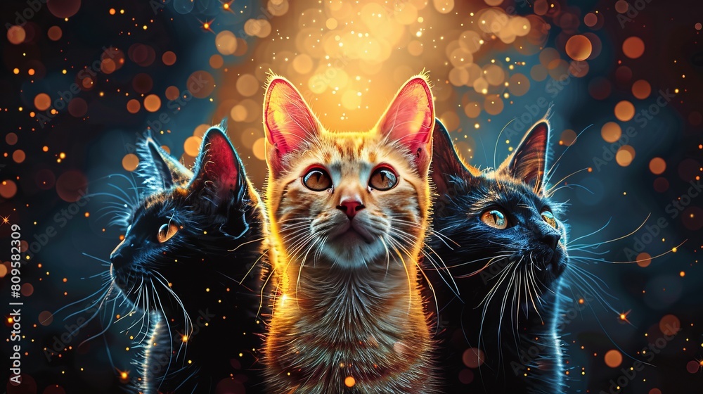 Cats facing the camera with an abstract star sky background. Cats facing the camera with an abstract star sky background.