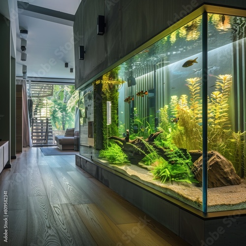 Interior Aquarium Tank, modern home design, Big Fish Tank, Copy Space