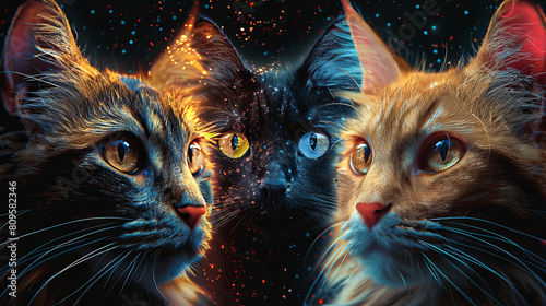 Cats facing the camera with an abstract star sky background. photo
