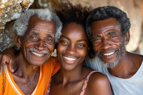 Family photo of a girl with her father and grandfather, reflecting the essence of family happiness and connections between generations © Neuraldesign