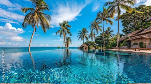 tropical resort relaxation a serene swimming pool surrounded by lush palm trees and a clear blue sky  with a white cloud adding to the picturesque view