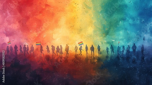 Rainbow flag, support lesbians, several people silhouettes, illustration, rainbow, cute watercolor, acrylic, strong texture, gentle colors, pride day, pride month, 4k hd background, diversity, pride,  © Da