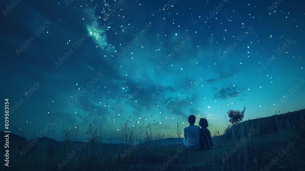 young couple stargazing on a warm summer night under a blue sky, with a green tree in the background and one person's long hair visible in the foreground