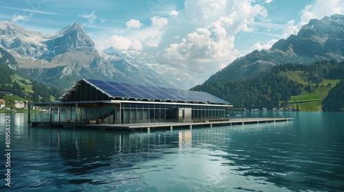 There is a large photovoltaic power station built on the lake, ultra high definition photography