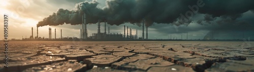 Dark smoke billowing from factory stacks over a dry, barren landscape, symbolizing the link between industrial pollution and water scarcity