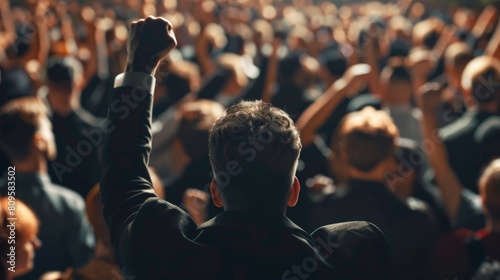 A leader standing in front of a crowd, their fist raised in a call to action, with followers echoing the gesture, portraying strength and solidarity. photo