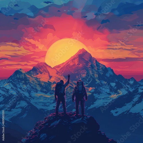 Men stand on the top of a mountain at sunset. © Kushch